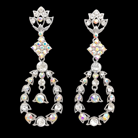 AB Iridescent & Clear Rhinestones Unique Open Teardrop Post Drop Earrings - Picture 1 of 4